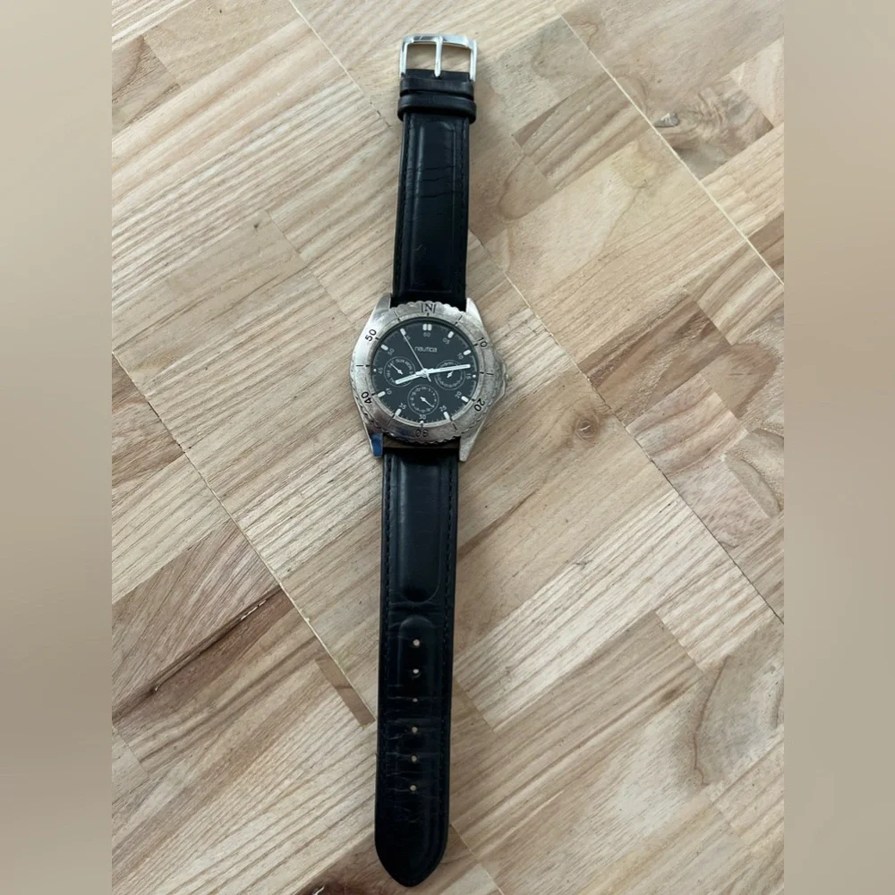 Nautica Vintage Chronograph Style Men’s Watch Black Dial Black Leather Strap